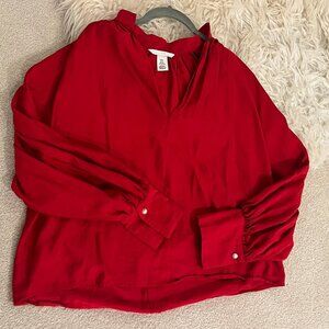 H&M Red Batwing Blouse | XS | Pearl Cuff Detail | Statement Top